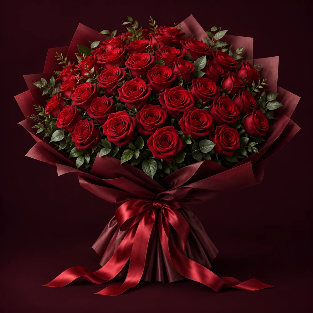 A grand bouquet of deep red roses wrapped in burgundy paper with a flowing red satin ribbon.